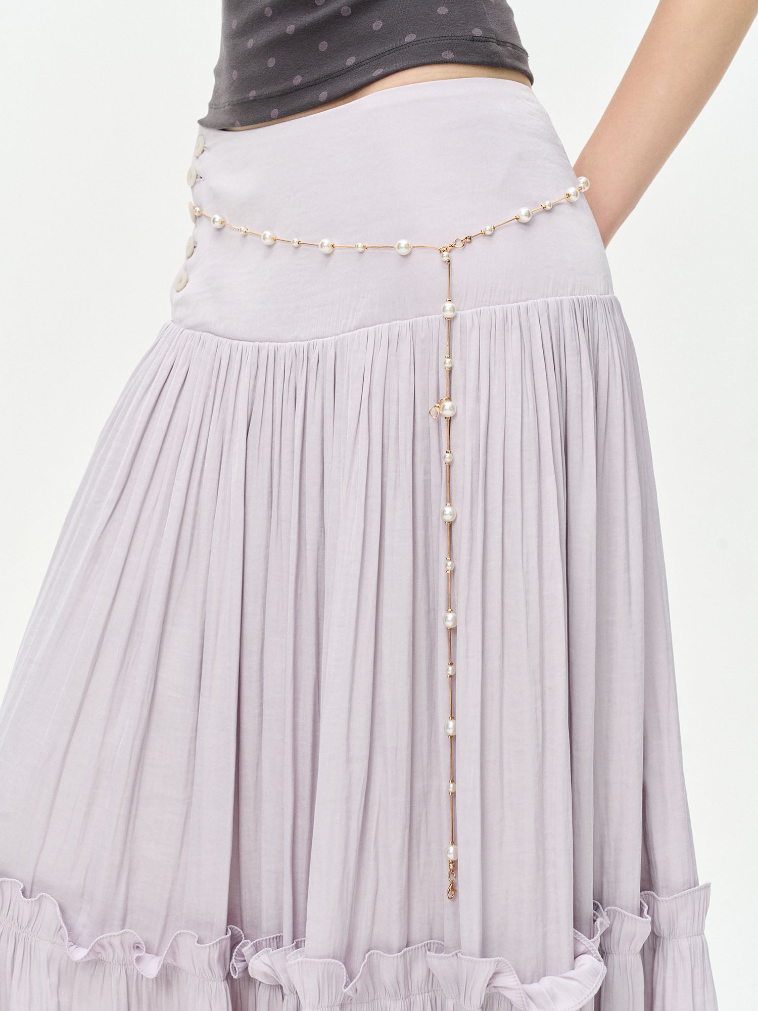 LEONSENSE Ruffle-Hem Pleated Midi Skirt