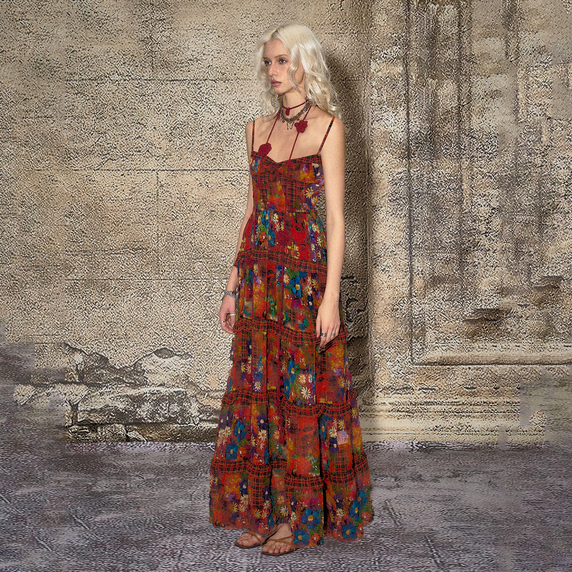 THE NEVERMORE Floral Plaid Tiered Maxi Dress