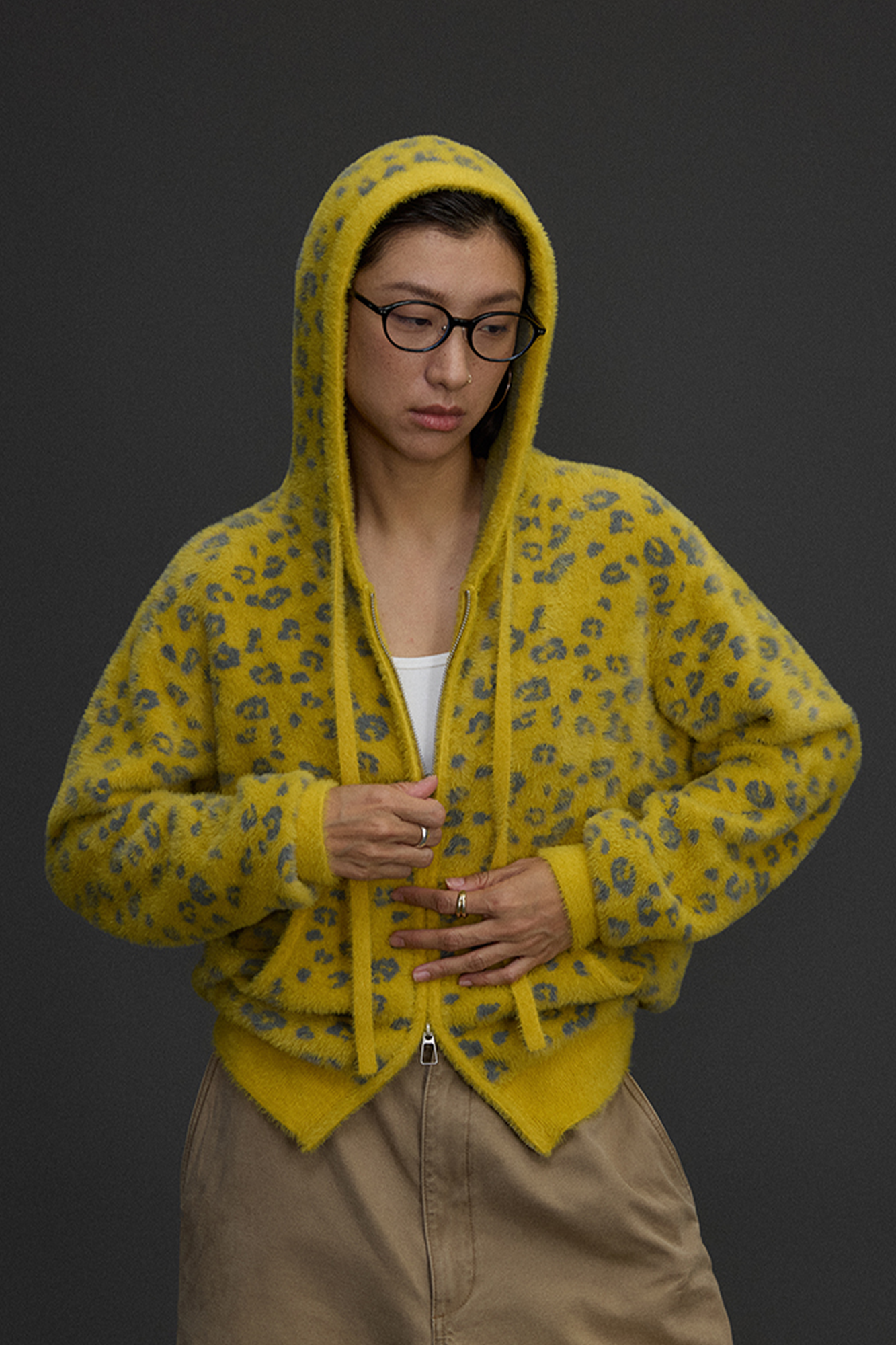 NIANJIUYIKOUER Fuzzy Leopard Jacquard Zip-Up Hoodie Cardigan, premium urban and streetwear designers apparel on PROJECTISR.com, NIANJIUYIKOUER