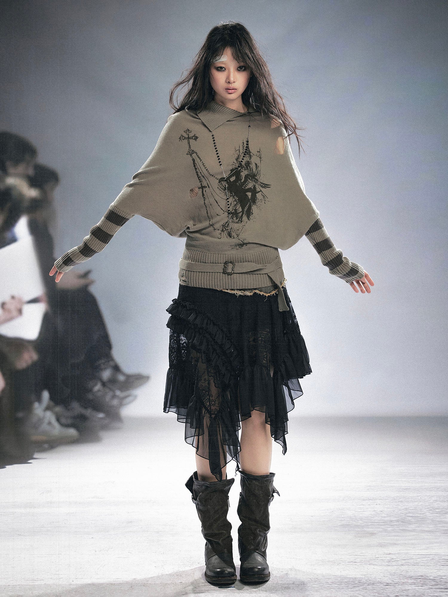 CESTNOUS Gothic Graphic Striped Bat-Sleeve Sweater