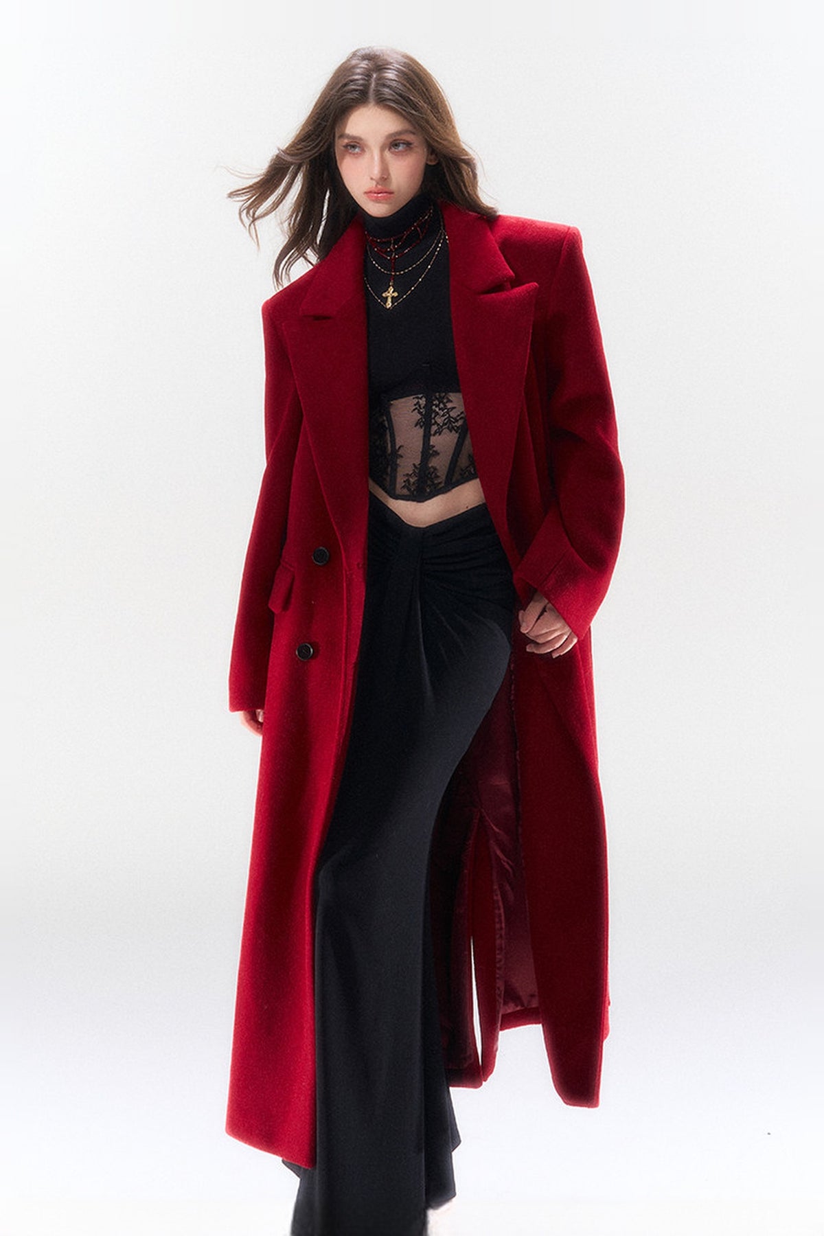 HIIMDAI Wool-Blend Cinched-Waist Lapel Long Coat — half body · Paris Red