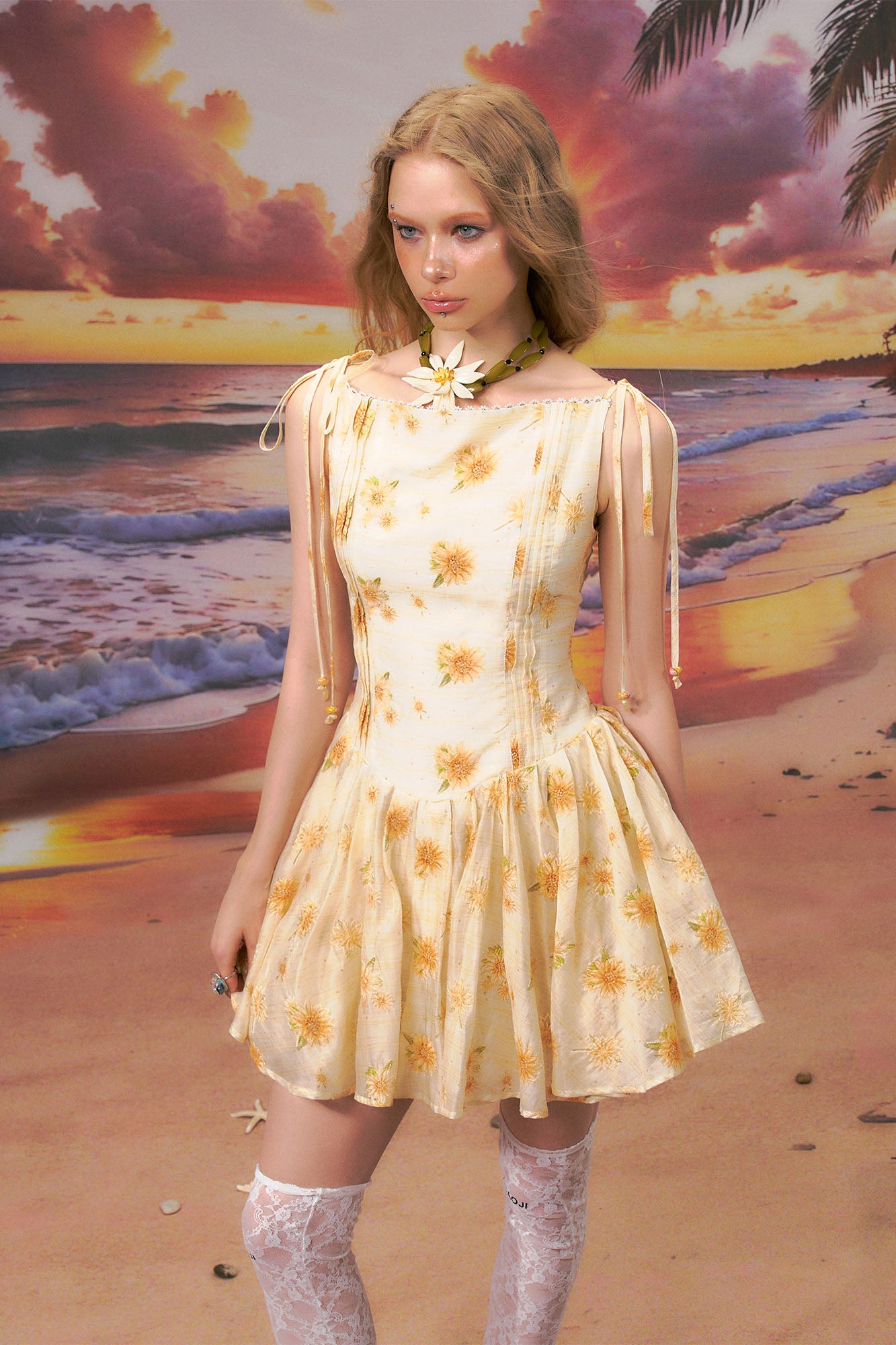 THE NEVERMORE Tie-Shoulder Floral Flared Mini Dress