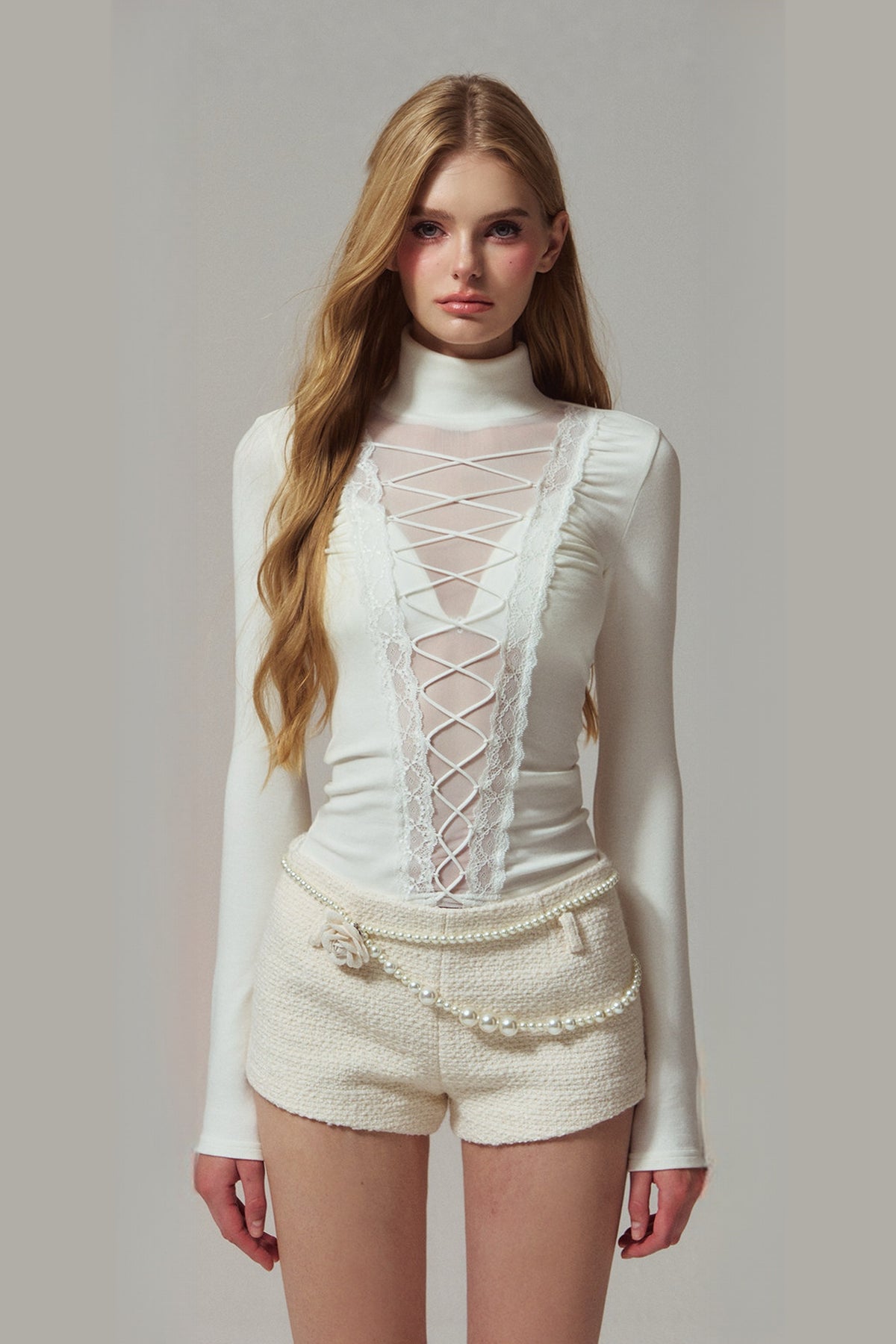 HIIMDAI Lace-Spliced Mesh Tie-Up Long-Sleeve Tee — half body · Jade Frost White
