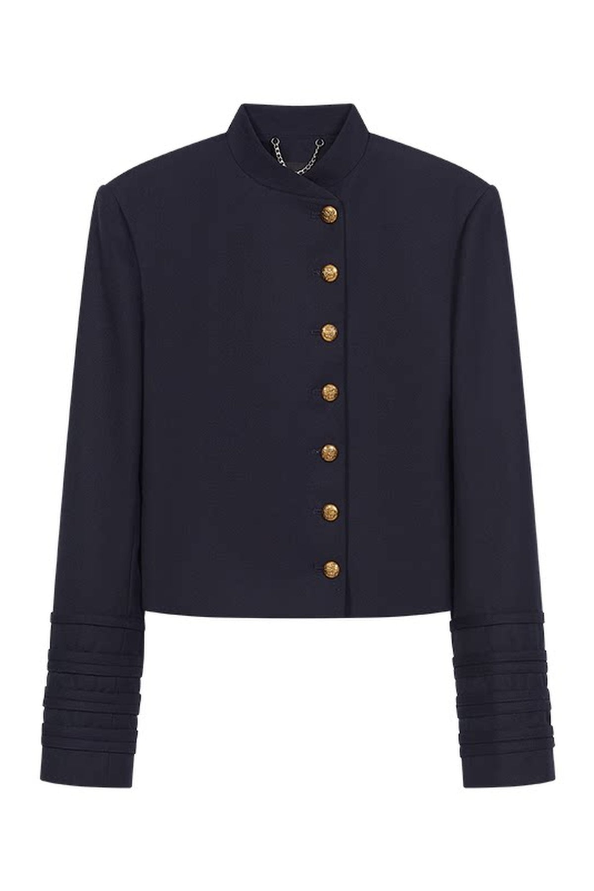 AWOKENTIME Padded-Shoulder Stand-Collar Wool-Blend Metal-Button Blazer — flat lay