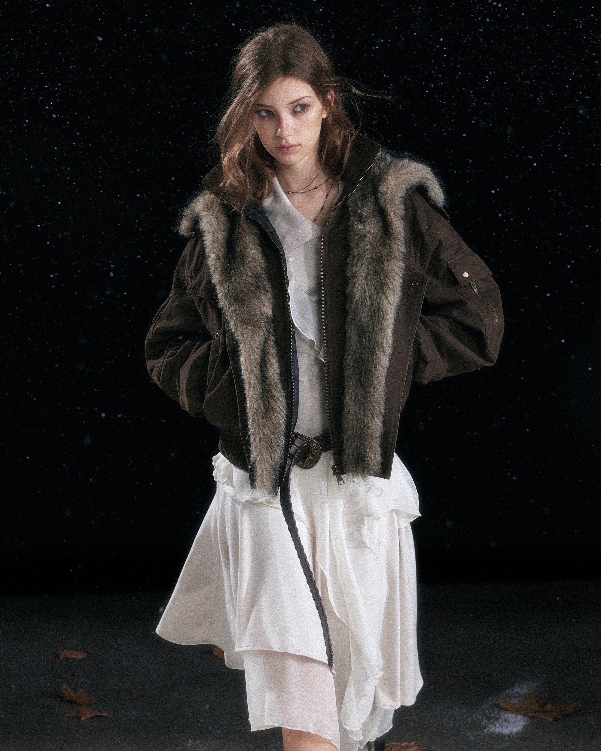 CESTNOUS Retro Detachable Faux-Fur Collar Bomber Jacket