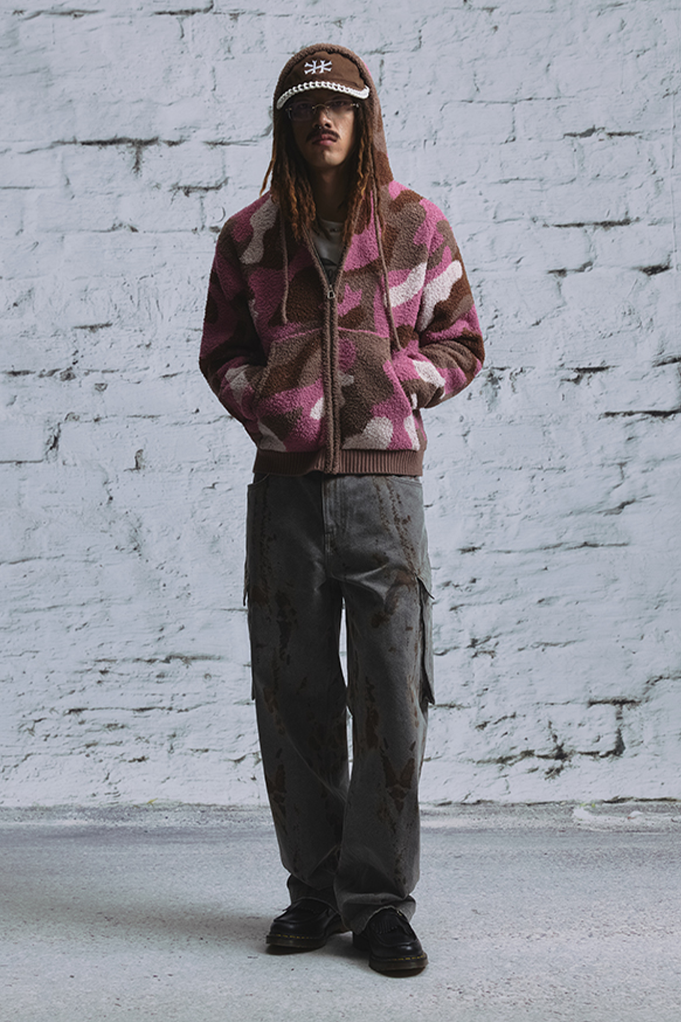 NIANJIUYIKOUER Rust Stain Graphic Washed Cargo Pants, premium urban and streetwear designers apparel on PROJECTISR.com, NIANJIUYIKOUER