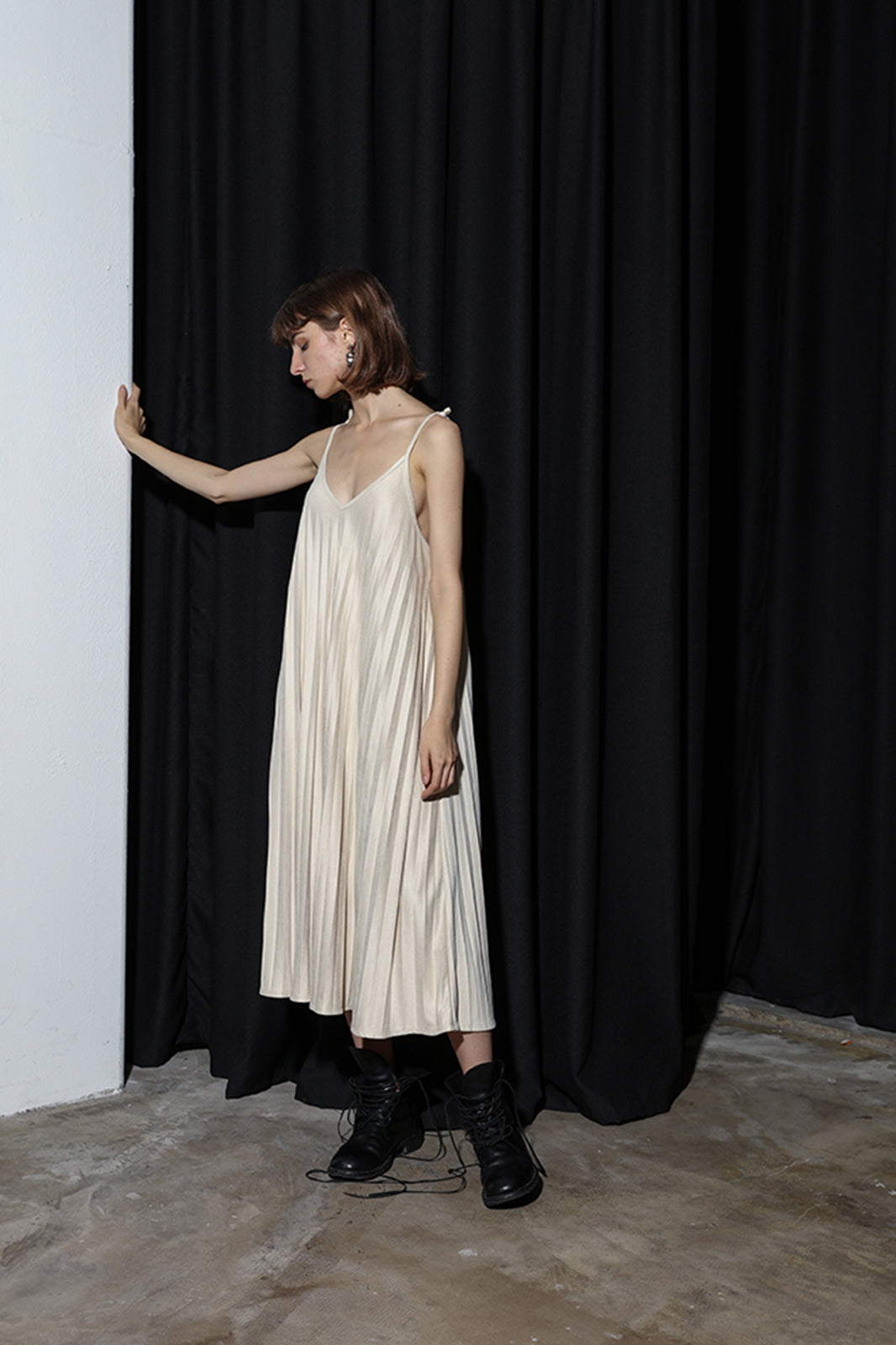CAIRA Pleated Suede Cami Midi Dress