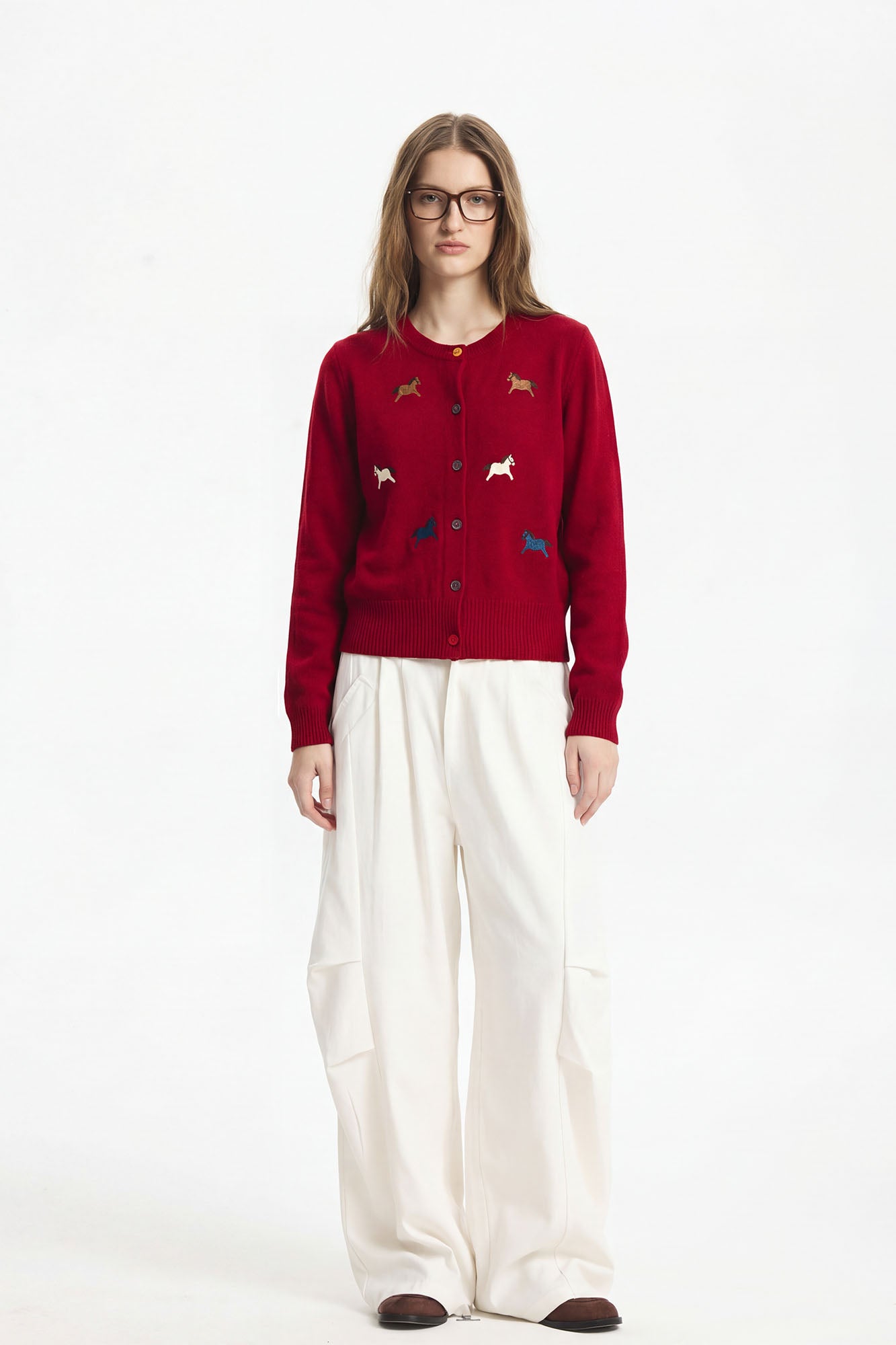 LEONSENSE Pony Embroidered Button Cardigan