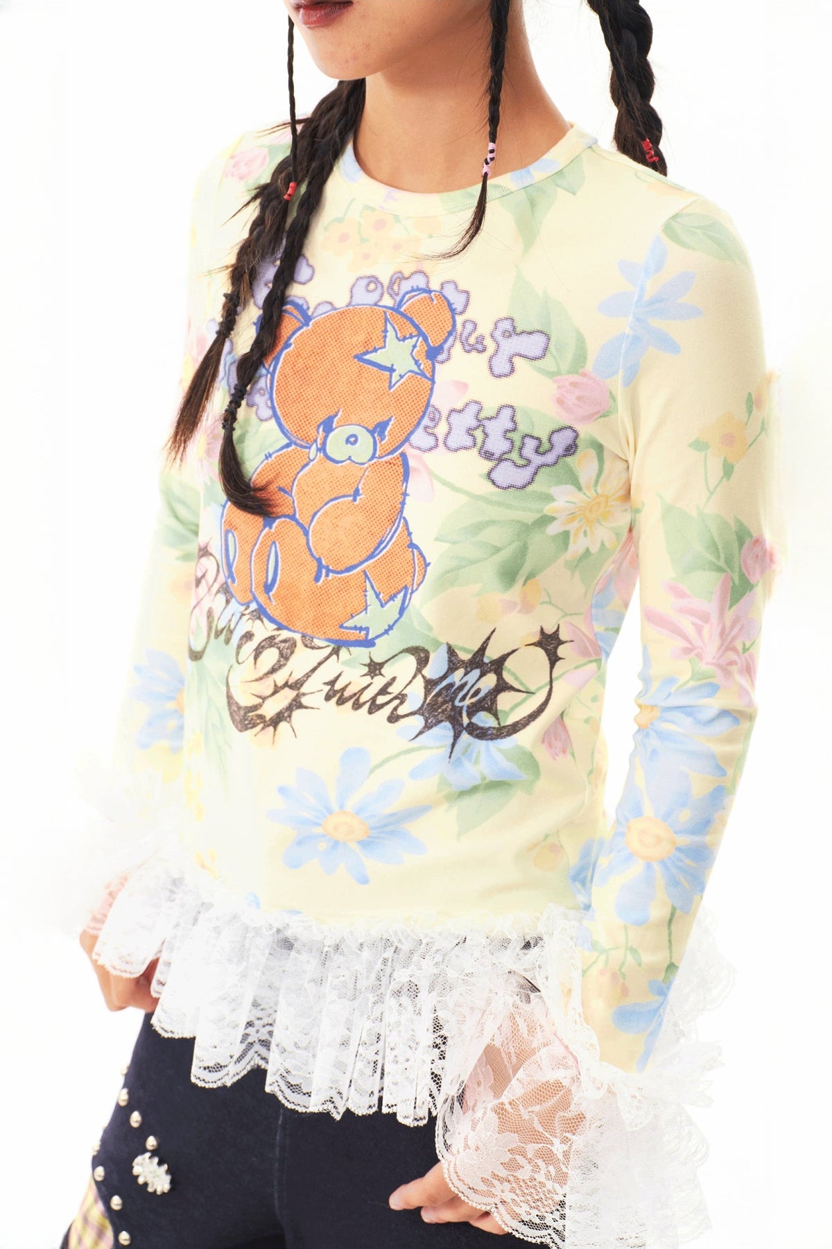 SILLYSIS Bear Graphic Lace-Trim Long-Sleeve Tee — half body
