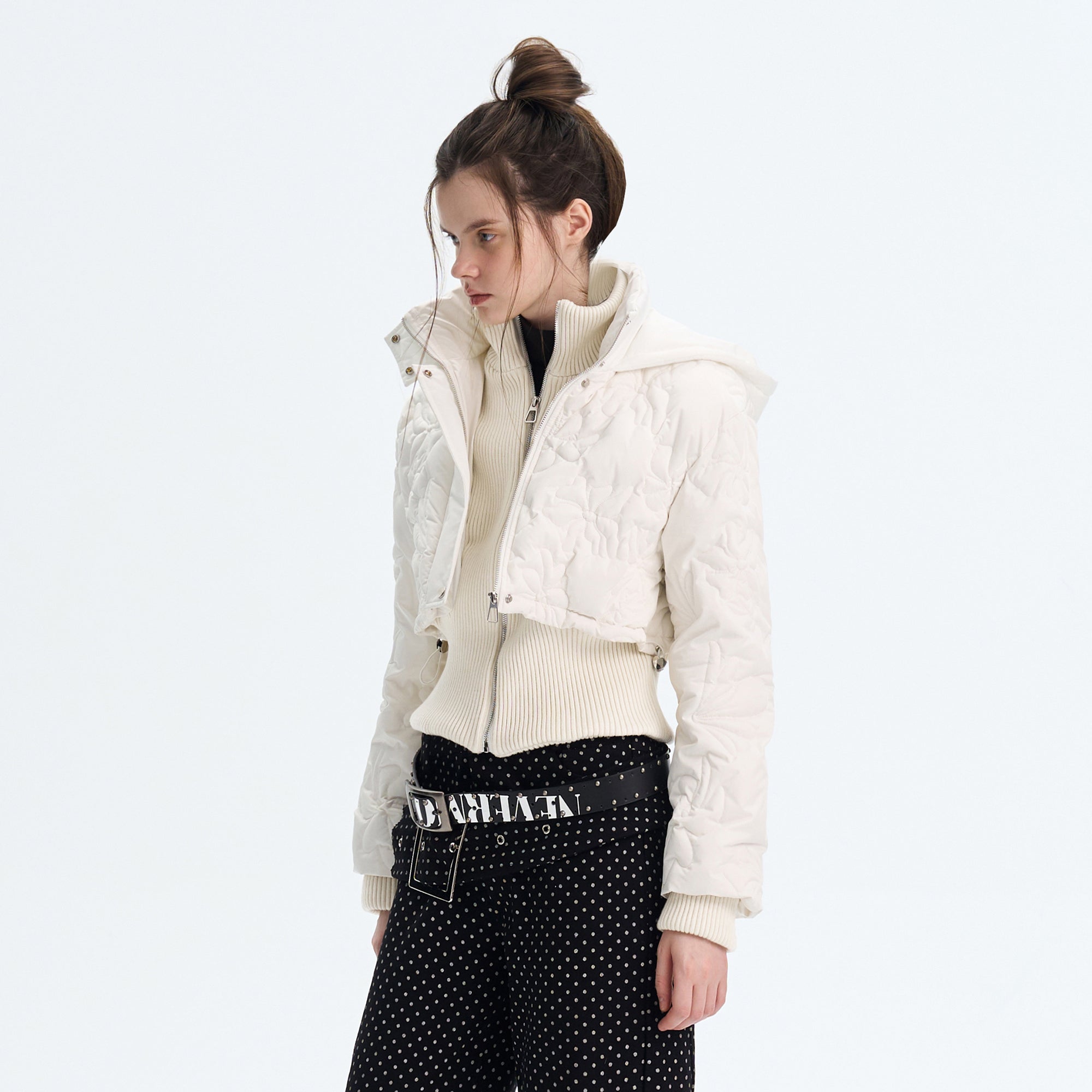 THE NEVERMORE Floral Quilted Mock-Layered Cropped Down Jacket