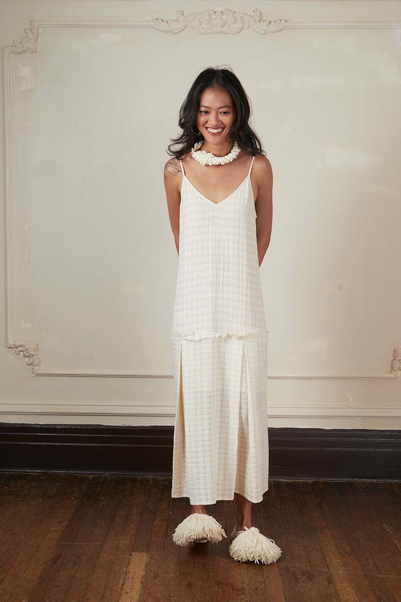CAIRA Crinkled Frayed Seam Drop-Waist Maxi Dress