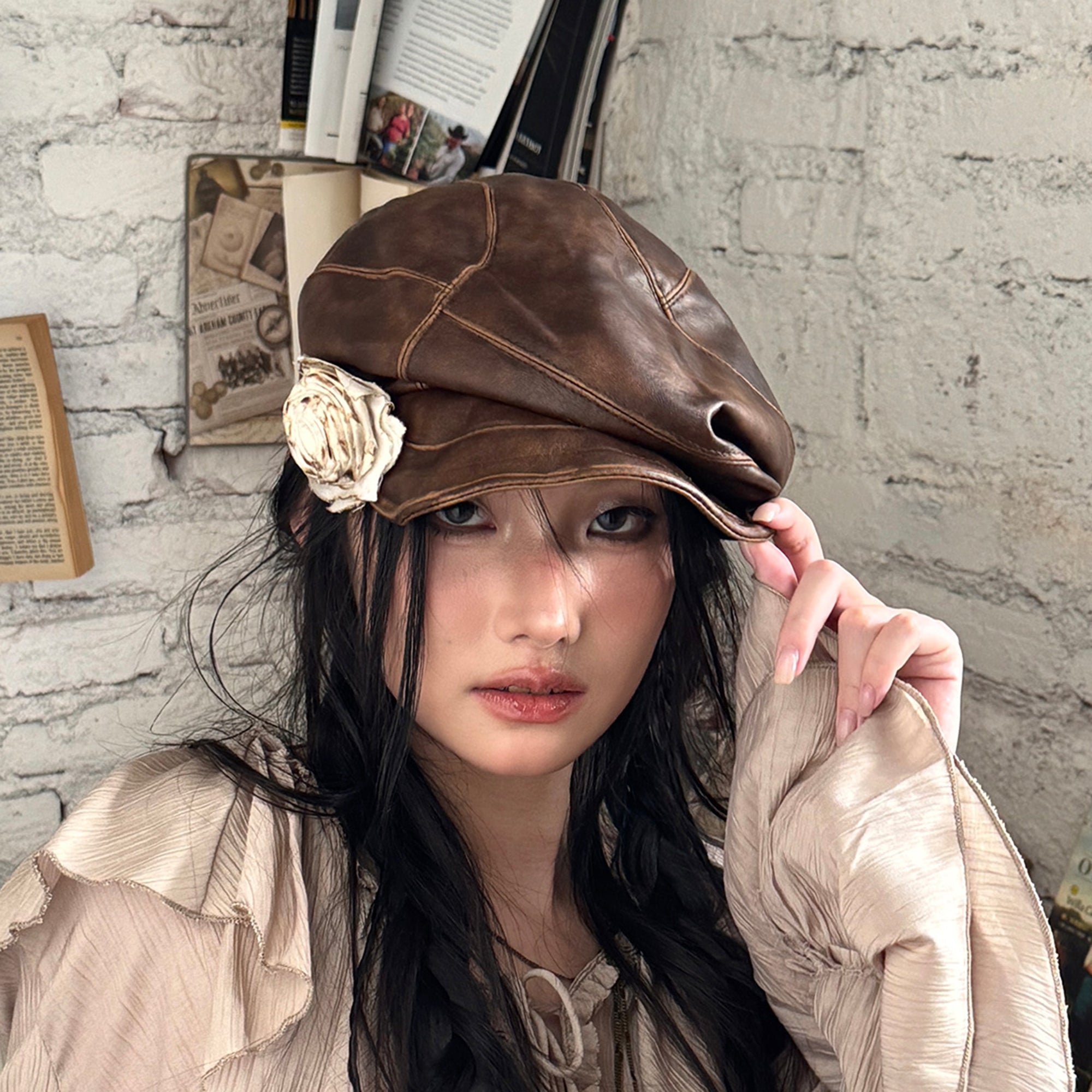 RIDK Faux Leather Rose Embellished Newsboy Cap