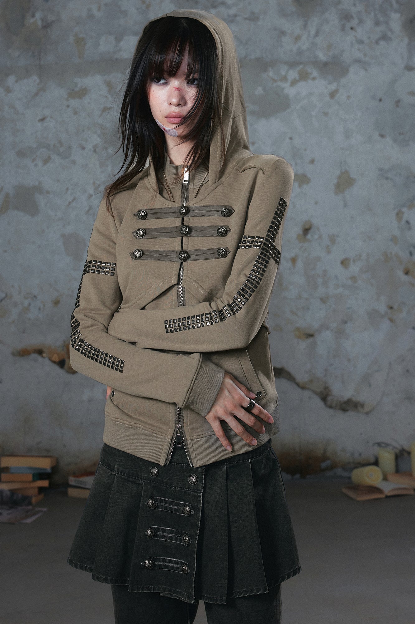CESTNOUS Punk Metal-Button Napoleon Zip-Up Hoodie