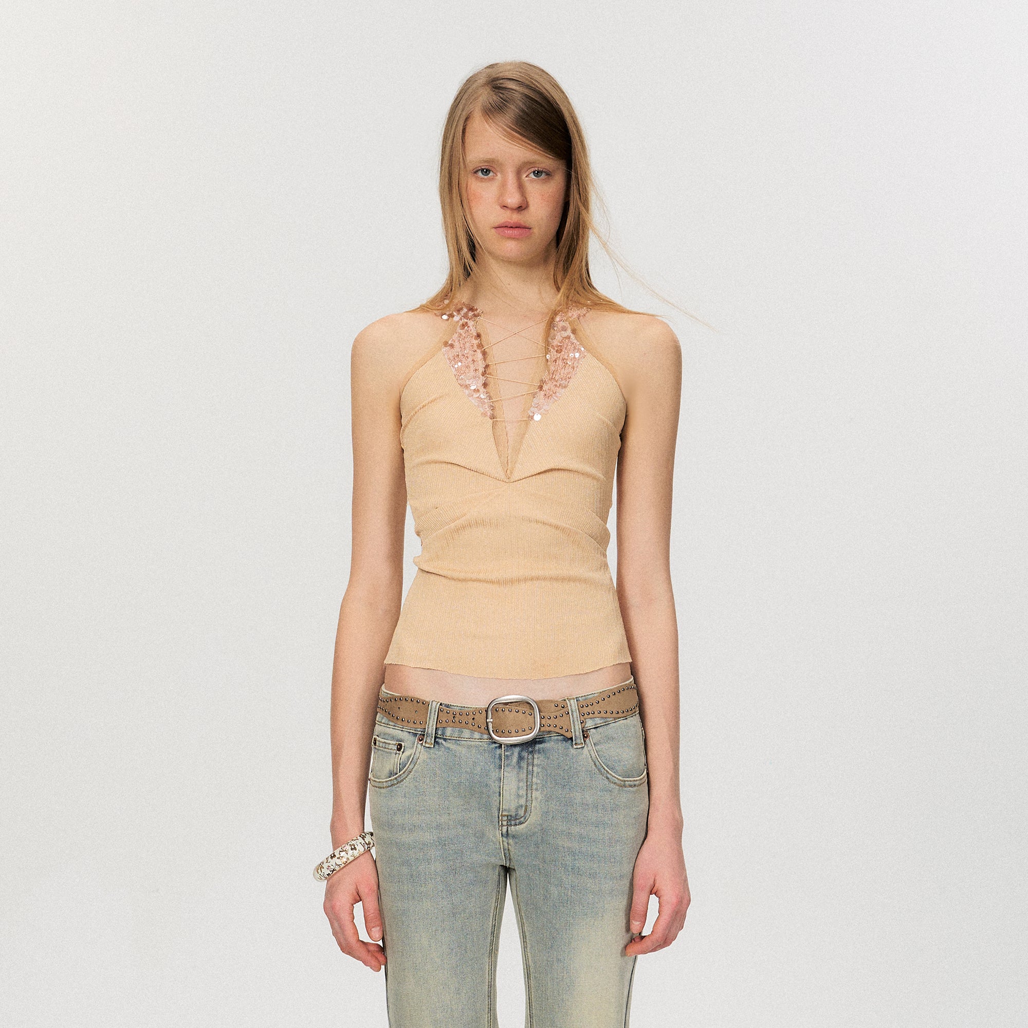 THE NEVERMORE Sequin Lace-Up Plunge Halter Knit Top