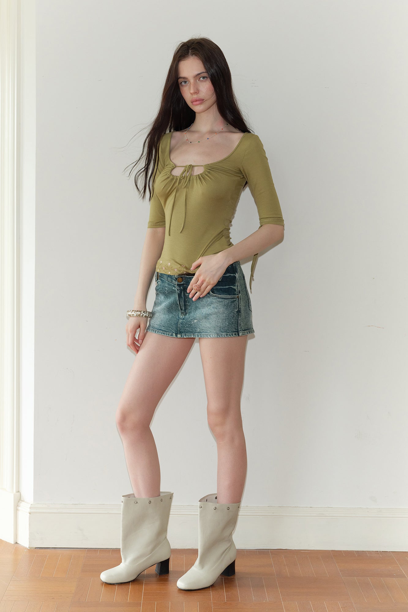 THE NEVERMORE Gathered Keyhole Ruched Embroidered Top