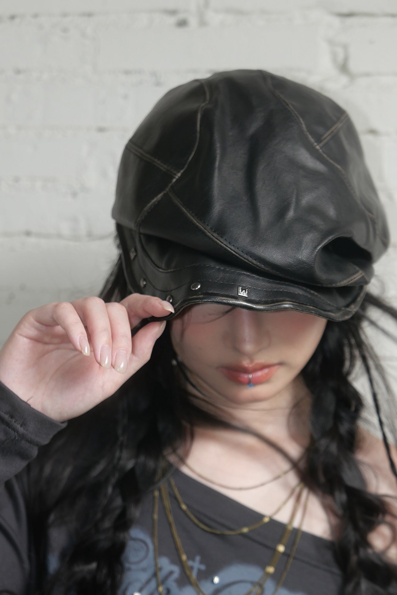 RIDK Faux Leather Studded Newsboy Cap