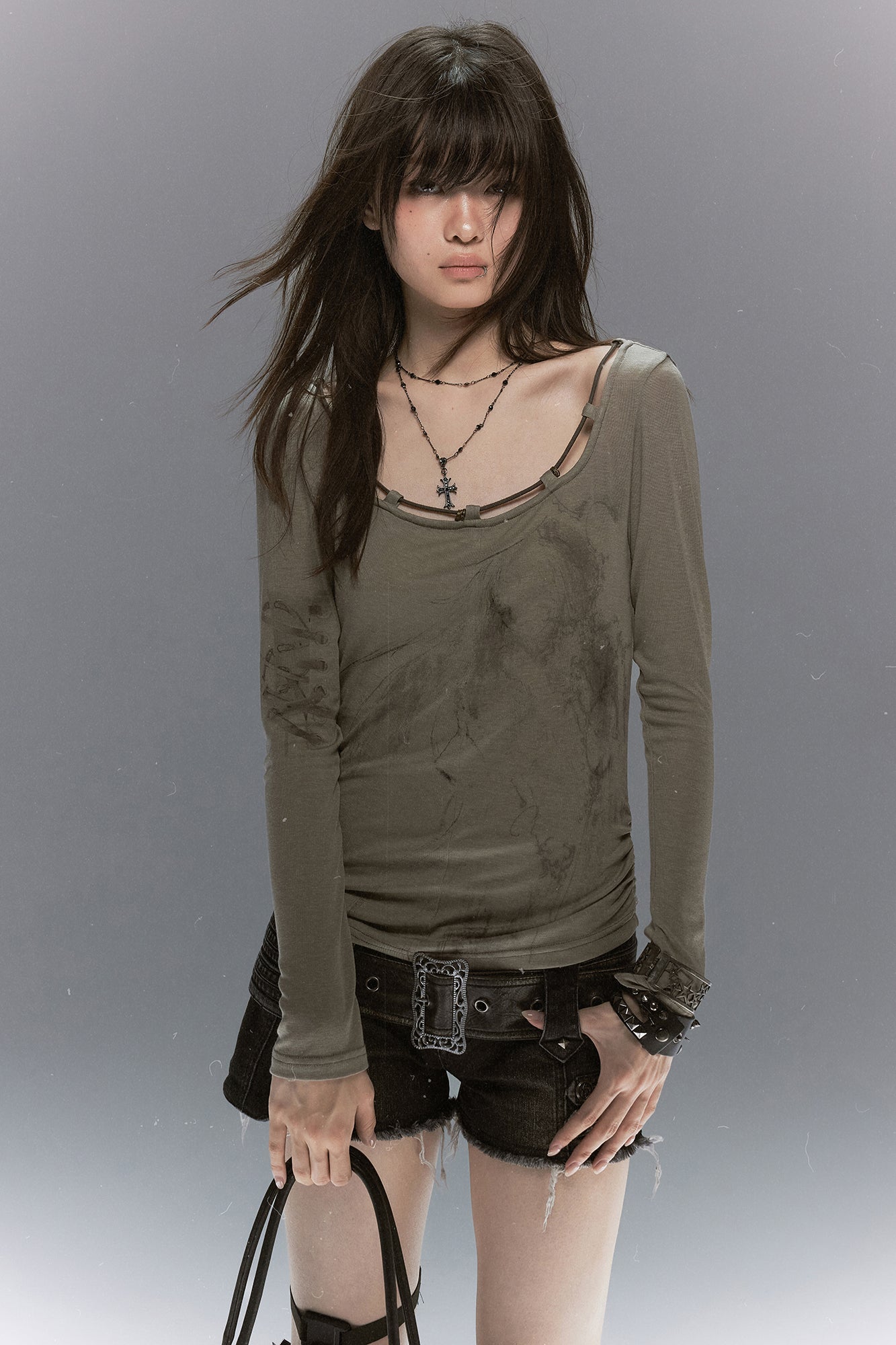 CESTNOUS Graphic Lace-Trim Tencel Long-Sleeve Tee