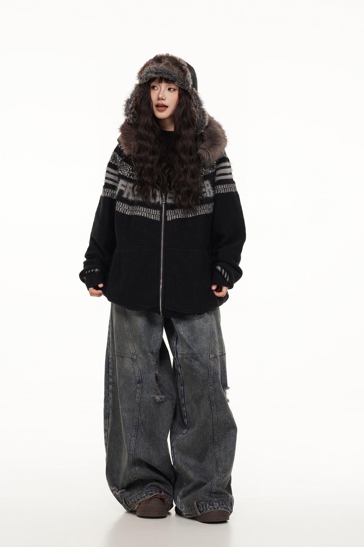 FREE CENTER Retro Fair Isle Detachable Collar Hooded Cardigan