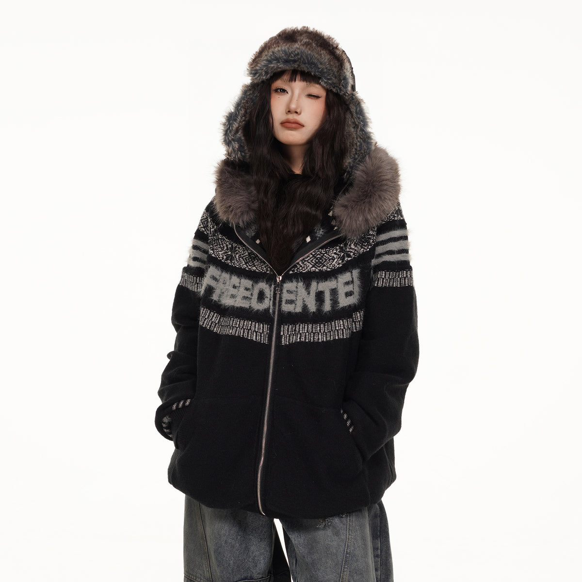 FREE CENTER Retro Fair Isle Detachable Collar Hooded Cardigan