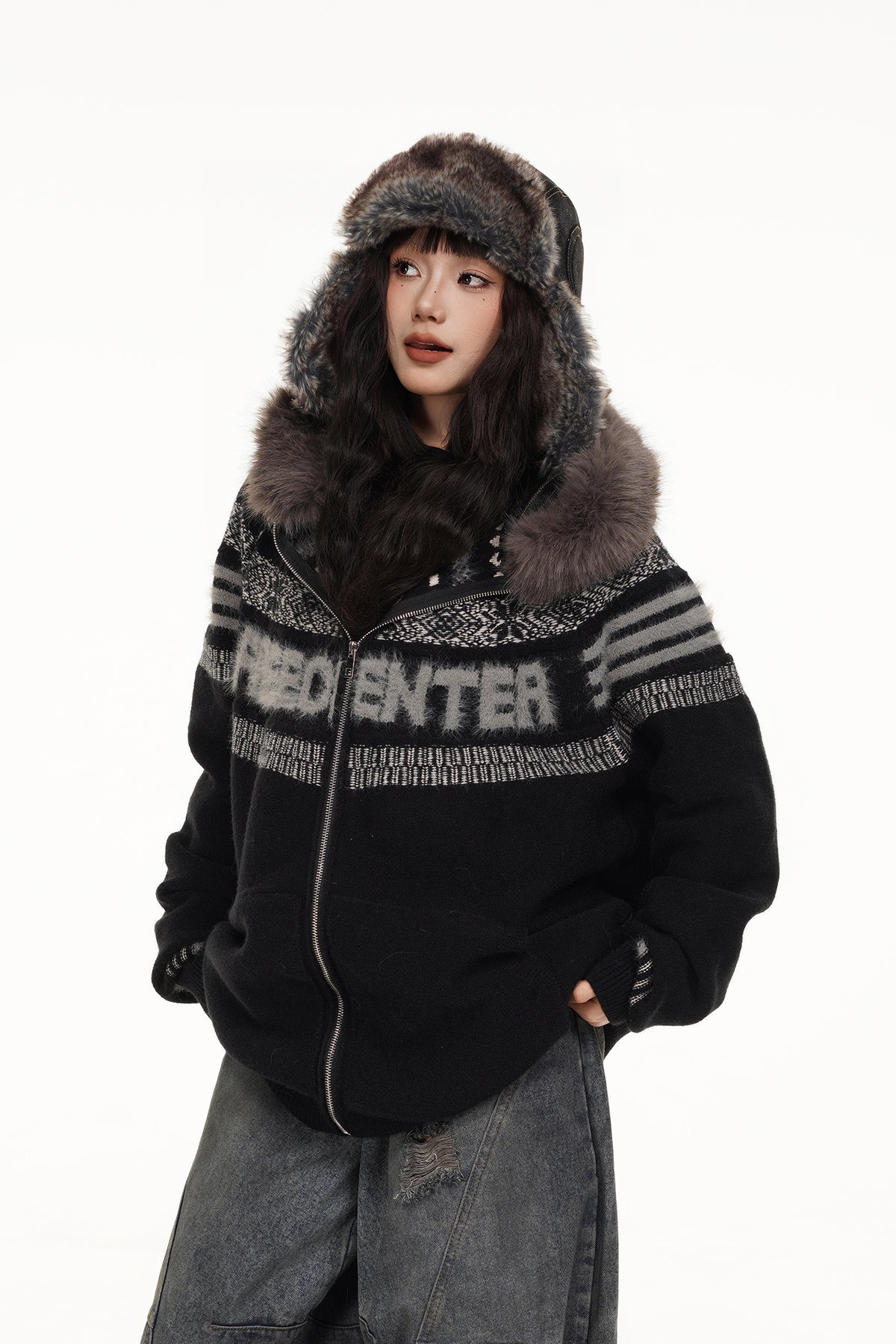 FREE CENTER Retro Fair Isle Detachable Collar Hooded Cardigan