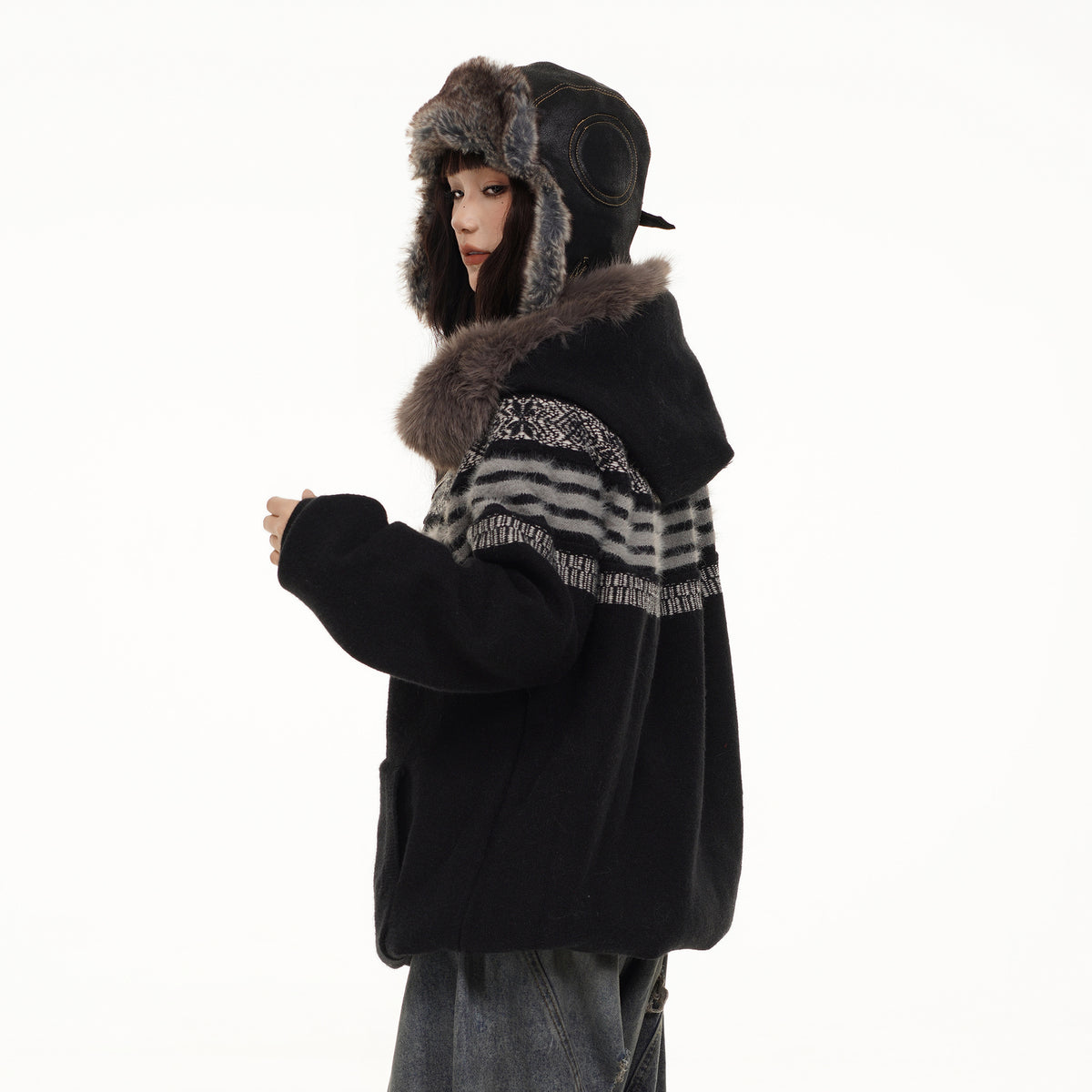 FREE CENTER Retro Fair Isle Detachable Collar Hooded Cardigan