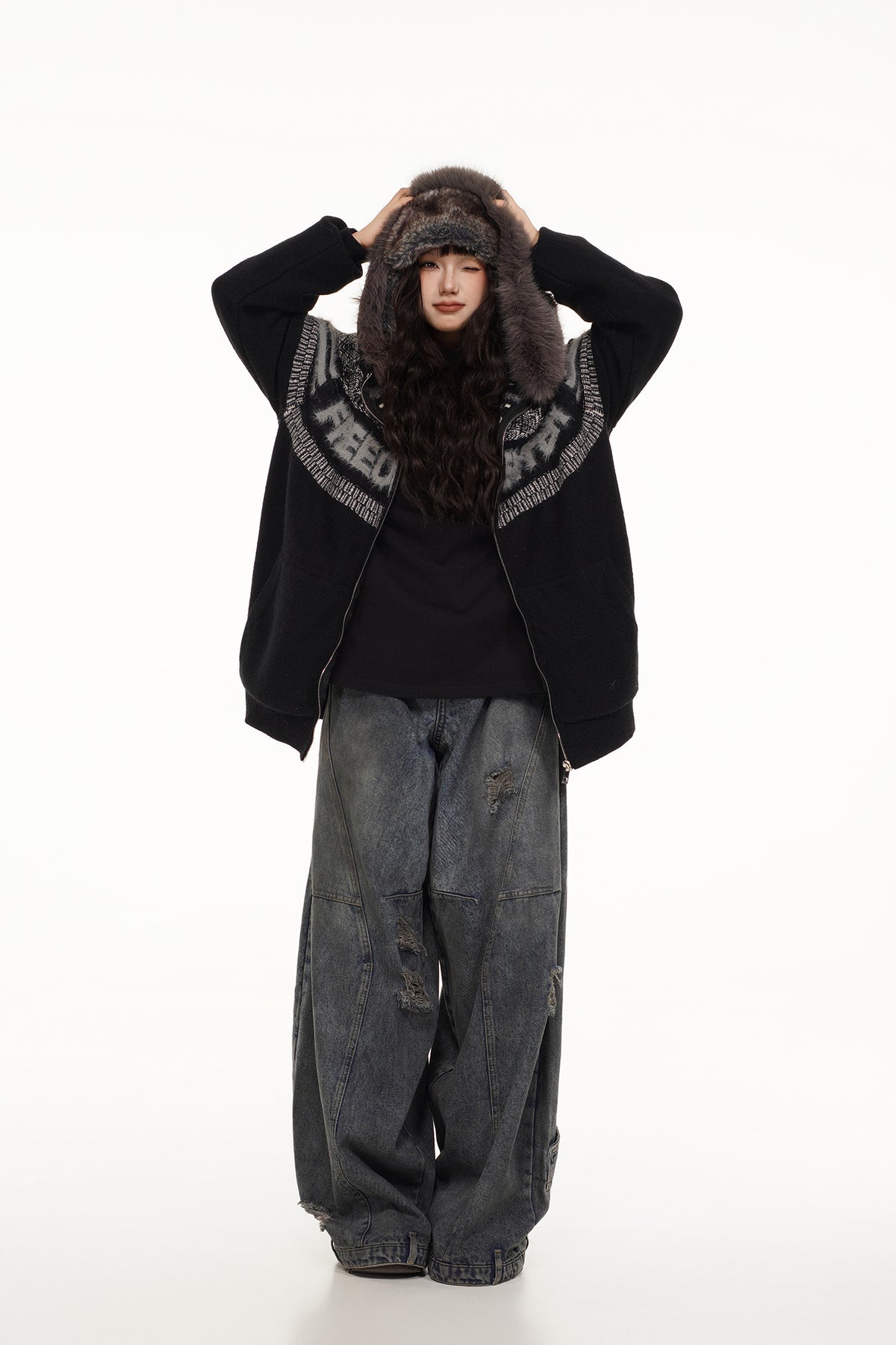 FREE CENTER Retro Fair Isle Detachable Collar Hooded Cardigan