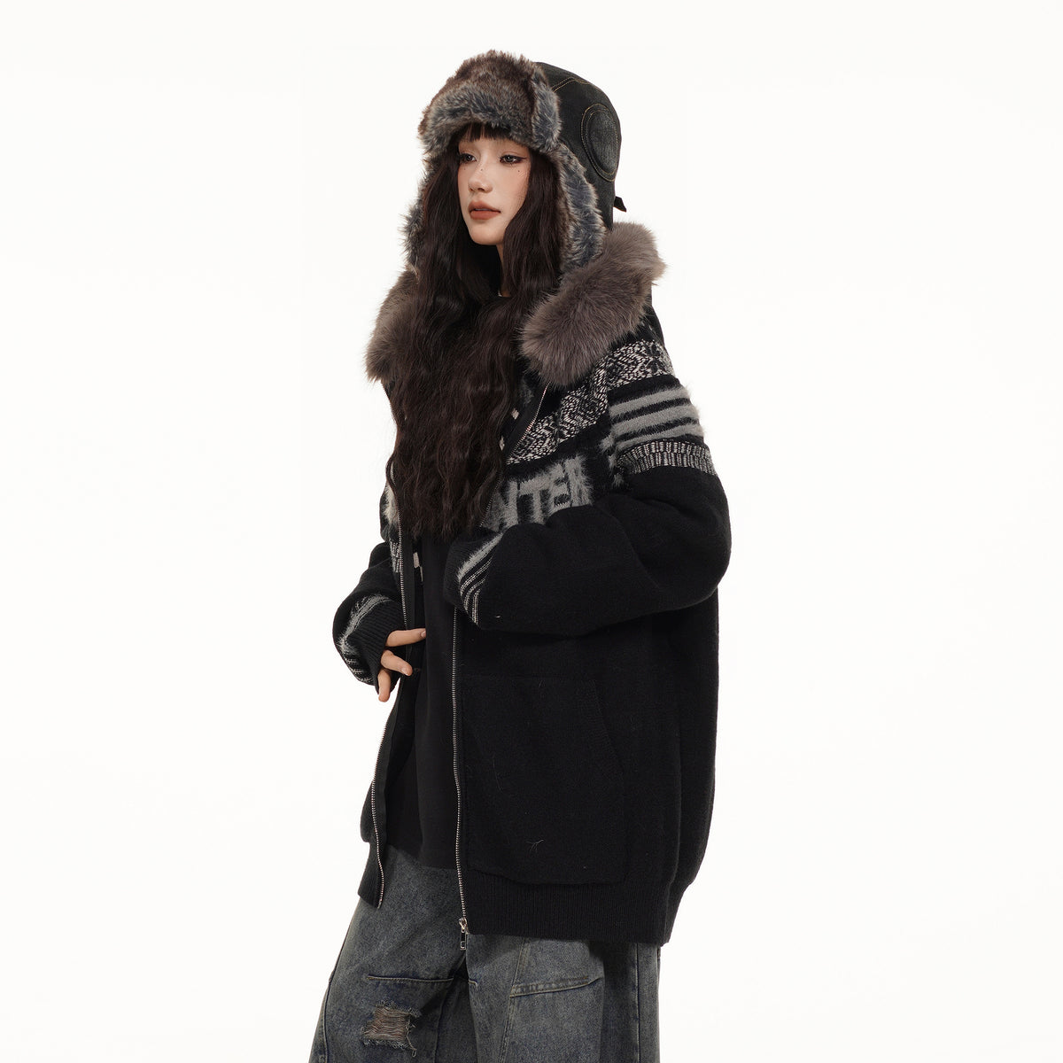 FREE CENTER Retro Fair Isle Detachable Collar Hooded Cardigan