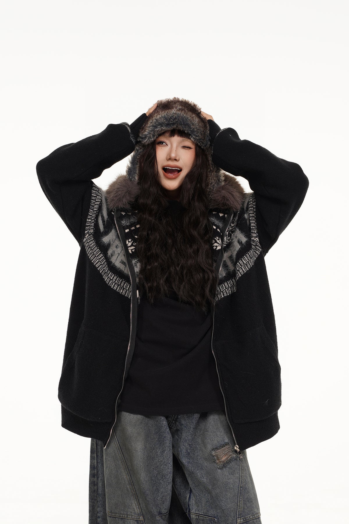 FREE CENTER Retro Fair Isle Detachable Collar Hooded Cardigan