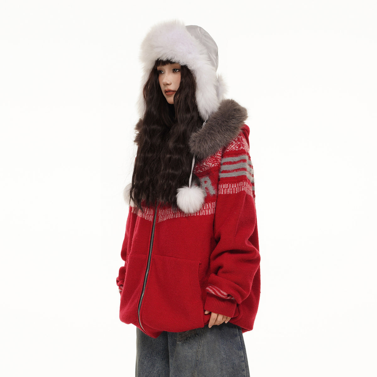 FREE CENTER Retro Fair Isle Detachable Collar Hooded Cardigan