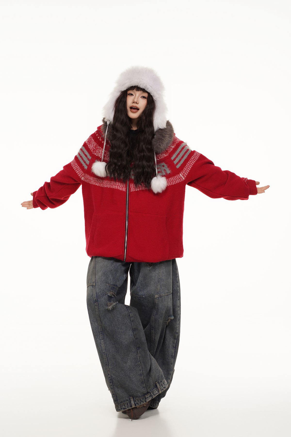 FREE CENTER Retro Fair Isle Detachable Collar Hooded Cardigan