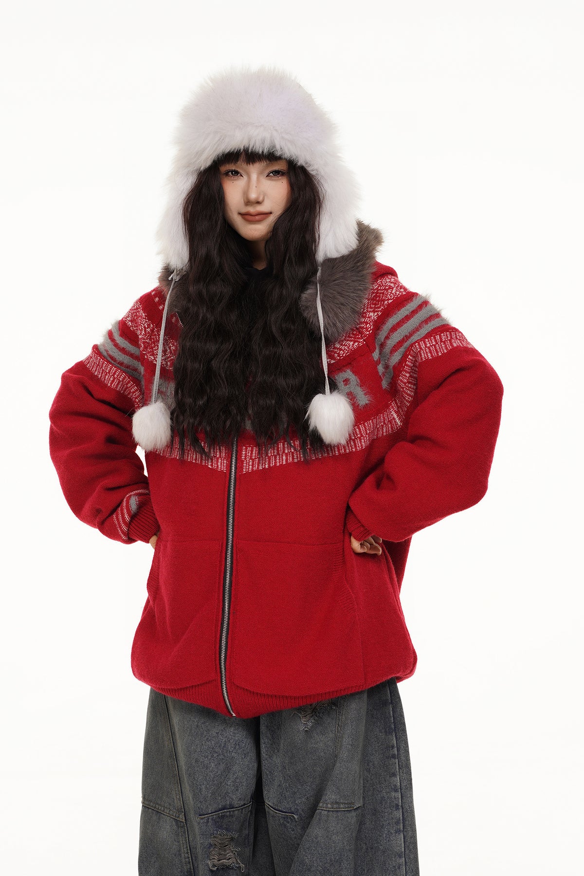 FREE CENTER Retro Fair Isle Detachable Collar Hooded Cardigan