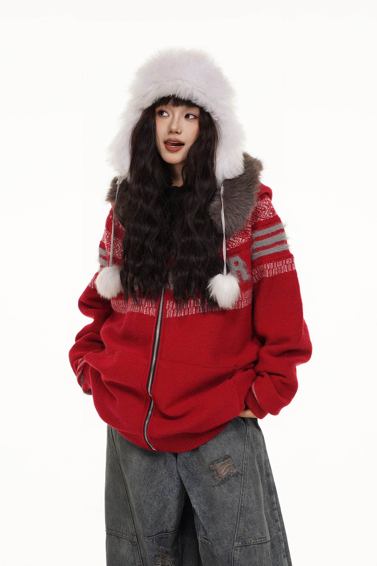 FREE CENTER Retro Fair Isle Detachable Collar Hooded Cardigan