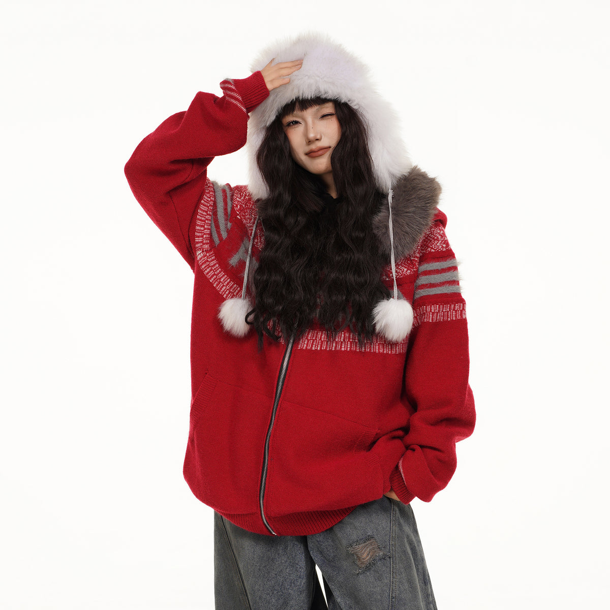 FREE CENTER Retro Fair Isle Detachable Collar Hooded Cardigan