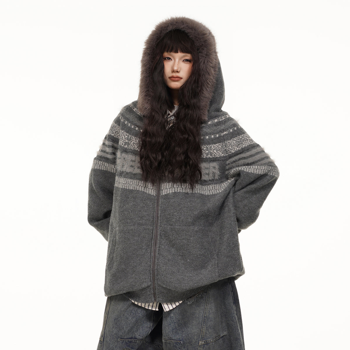 FREE CENTER Retro Fair Isle Detachable Collar Hooded Cardigan