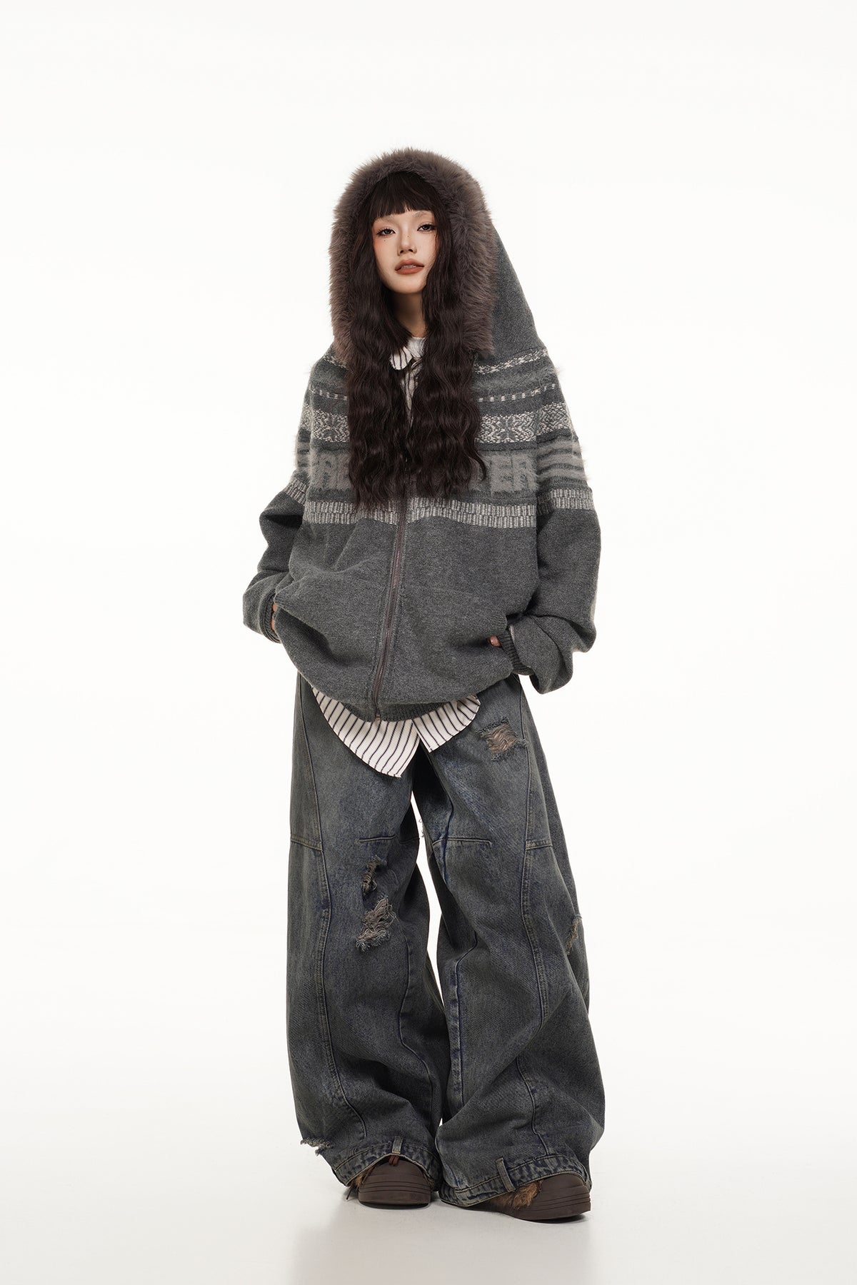 FREE CENTER Retro Fair Isle Detachable Collar Hooded Cardigan