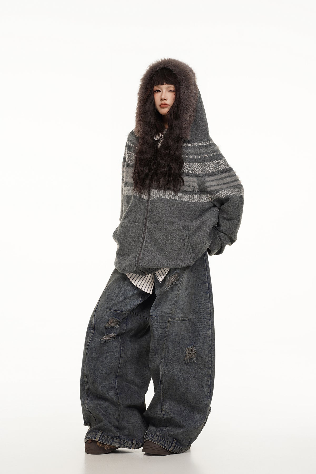 FREE CENTER Retro Fair Isle Detachable Collar Hooded Cardigan