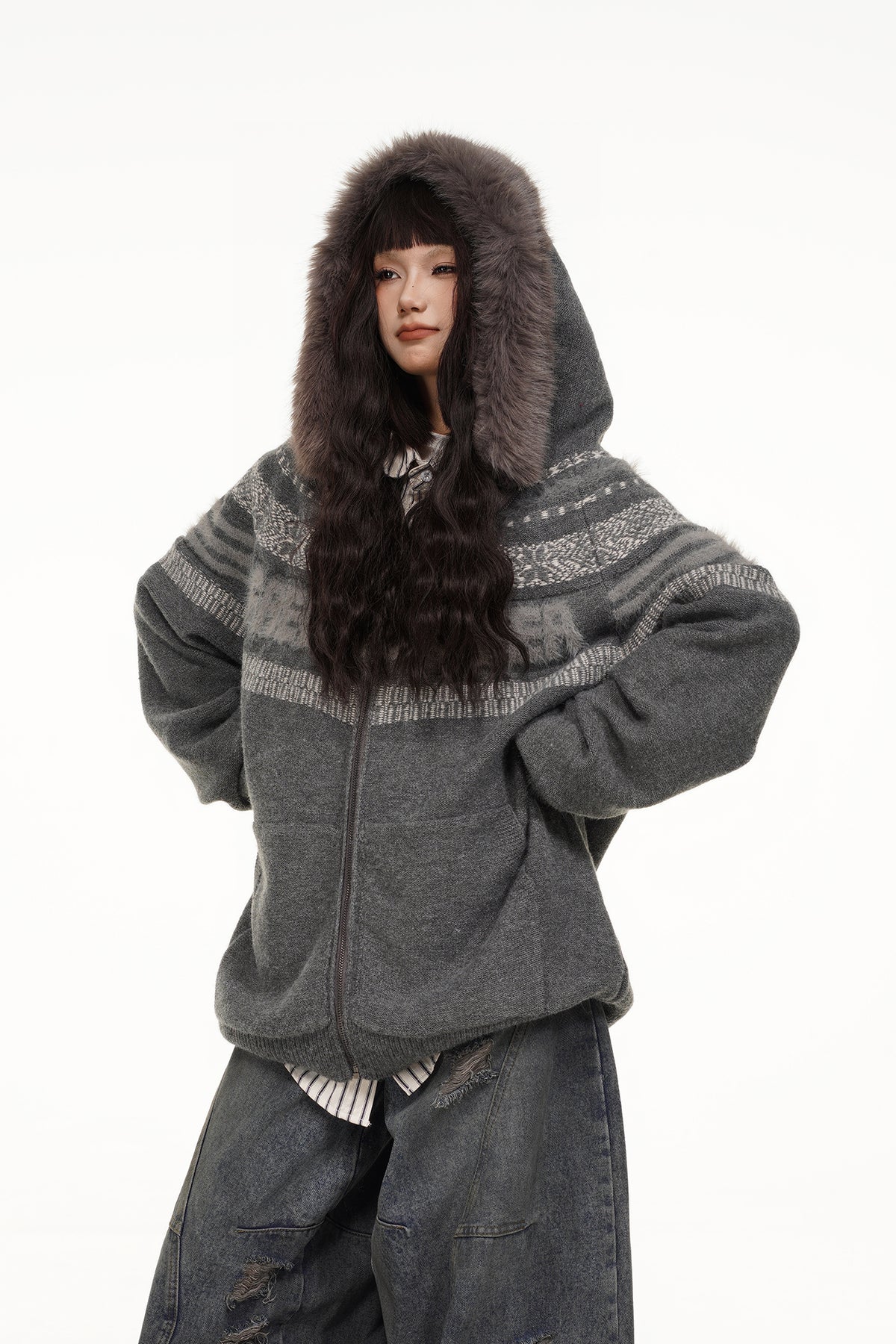 FREE CENTER Retro Fair Isle Detachable Collar Hooded Cardigan