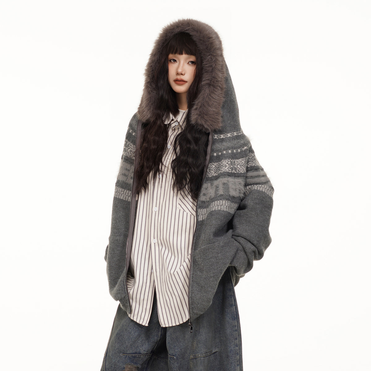 FREE CENTER Retro Fair Isle Detachable Collar Hooded Cardigan