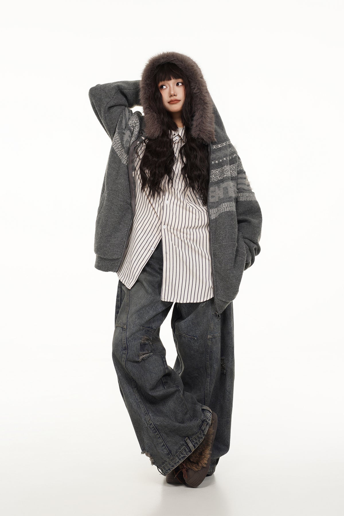 FREE CENTER Retro Fair Isle Detachable Collar Hooded Cardigan