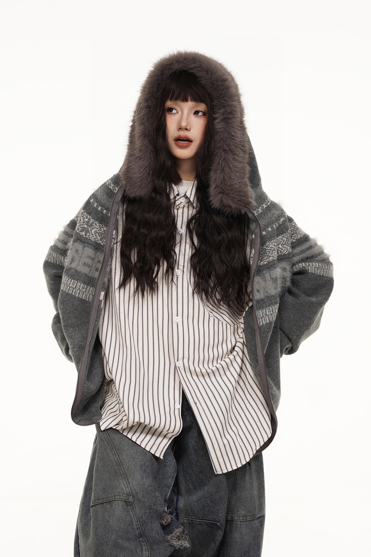 FREE CENTER Retro Fair Isle Detachable Collar Hooded Cardigan