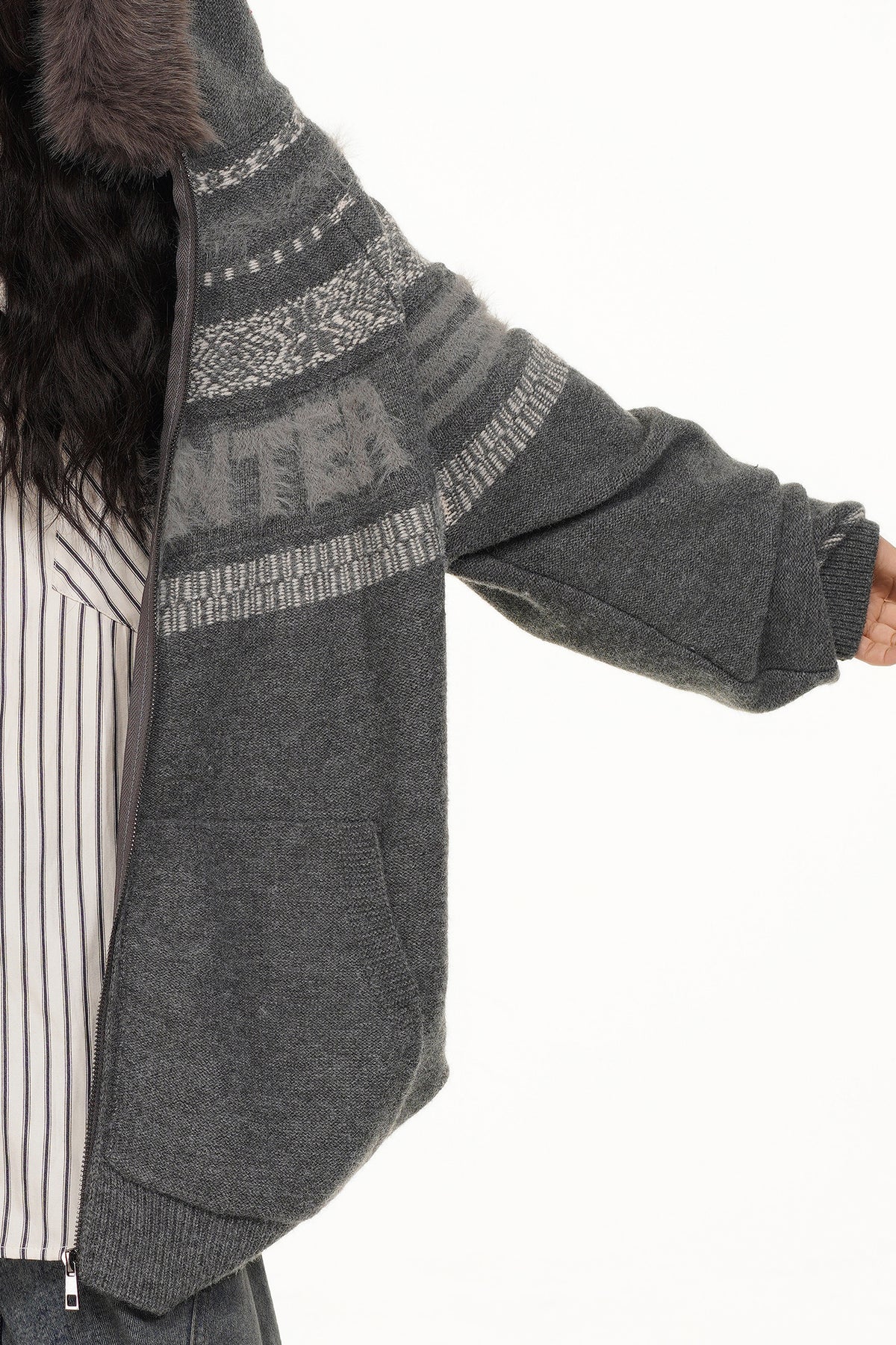 FREE CENTER Retro Fair Isle Detachable Collar Hooded Cardigan