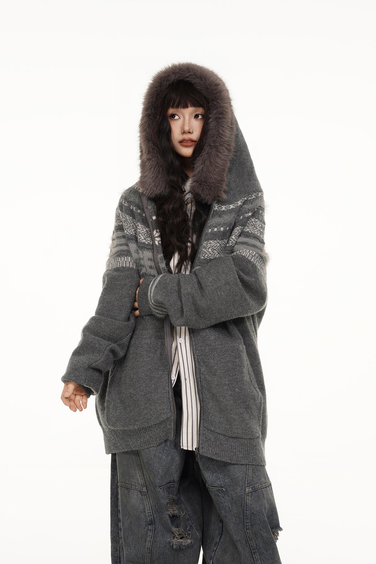 FREE CENTER Retro Fair Isle Detachable Collar Hooded Cardigan