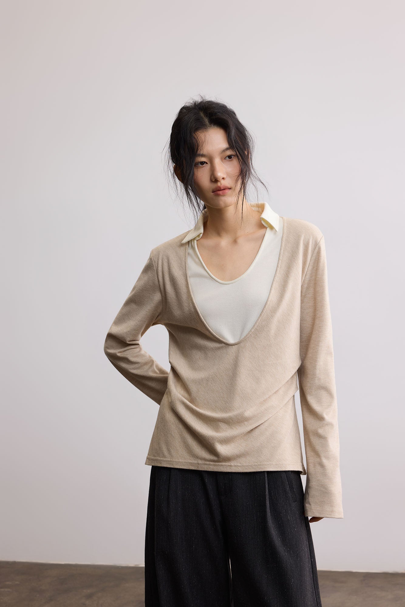 SAME FLOW Modern Double-Layered Long-Sleeve Tee