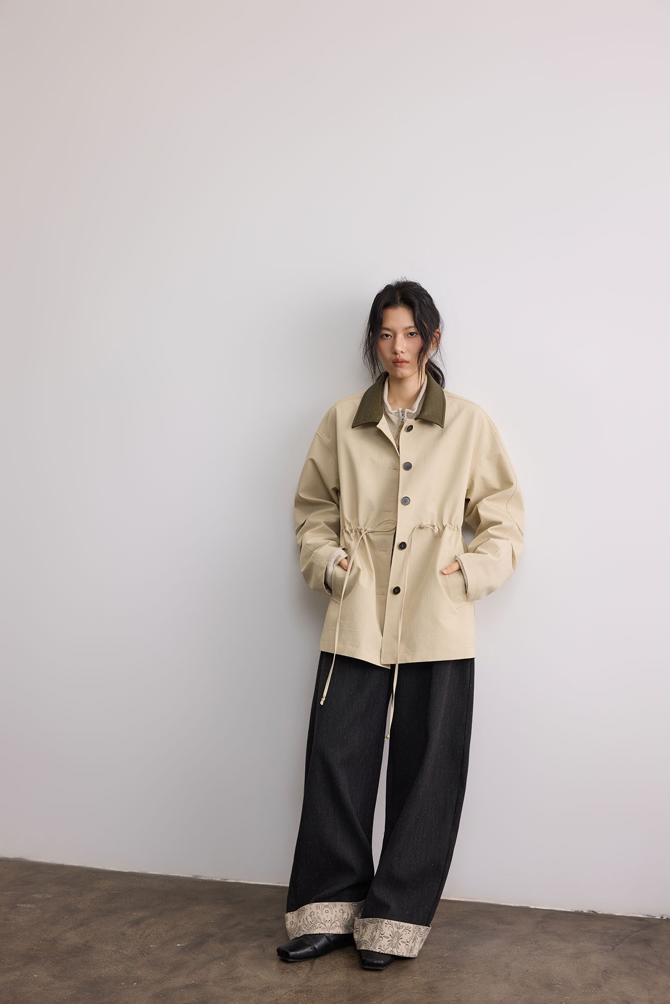 SAME FLOW Woven PU Collar Drawstring Jacket