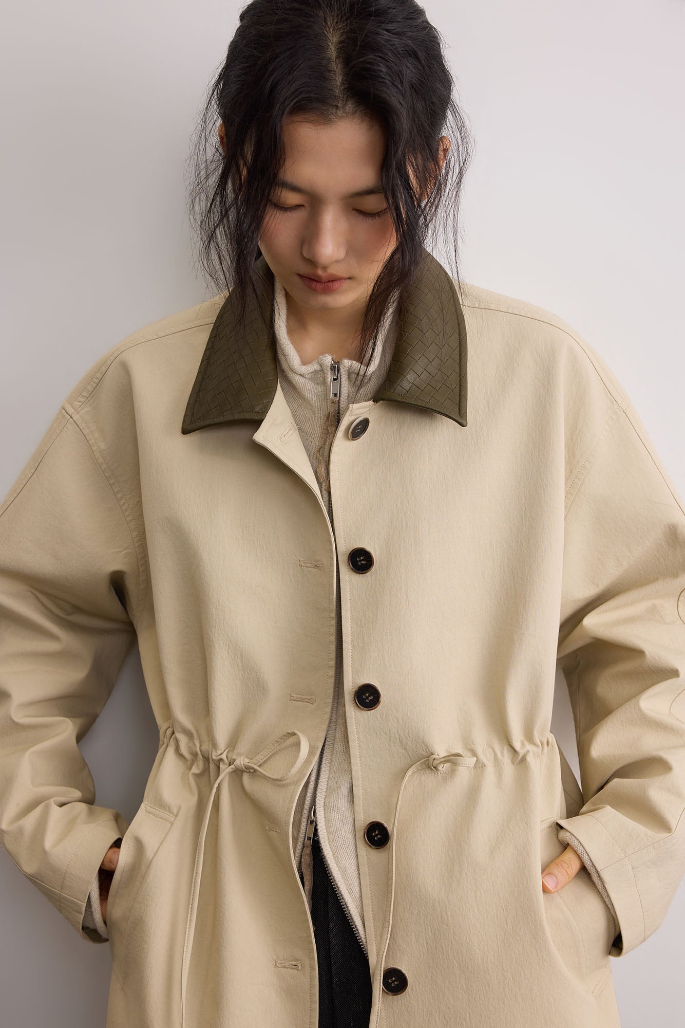 SAME FLOW Woven PU Collar Drawstring Jacket