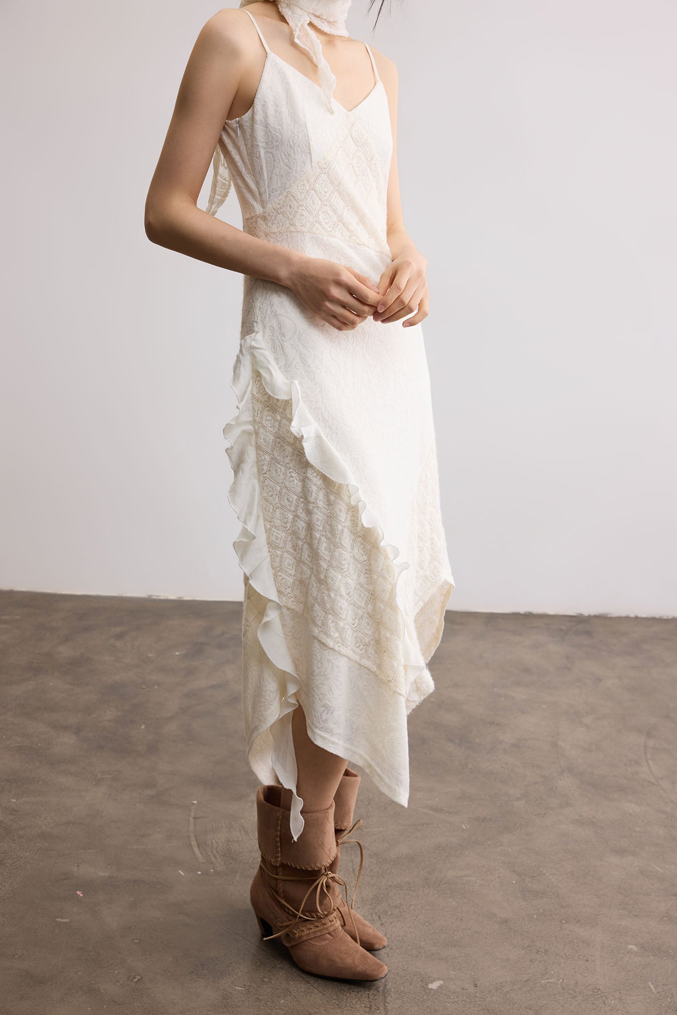 SAME FLOW Ruffle Asym Slip Lace-Panel Dress