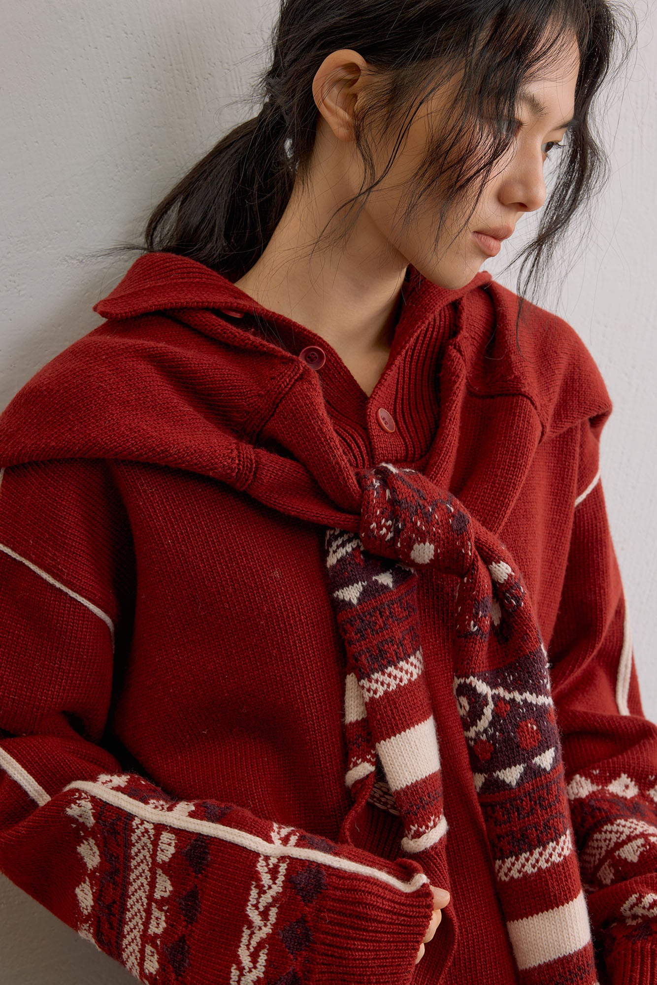 SAME FLOW Retro Jacquard Sleeve Sweater & Shawl Set