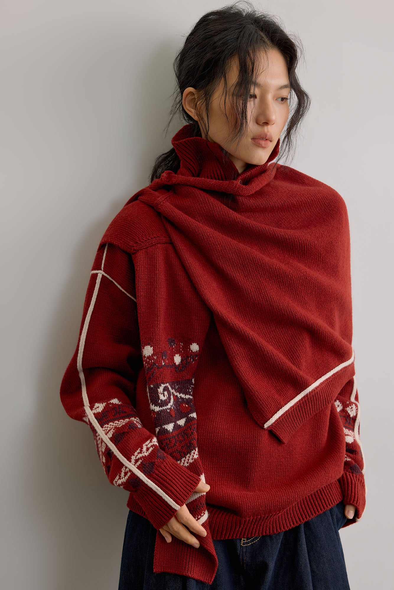 SAME FLOW Retro Jacquard Sleeve Sweater & Shawl Set