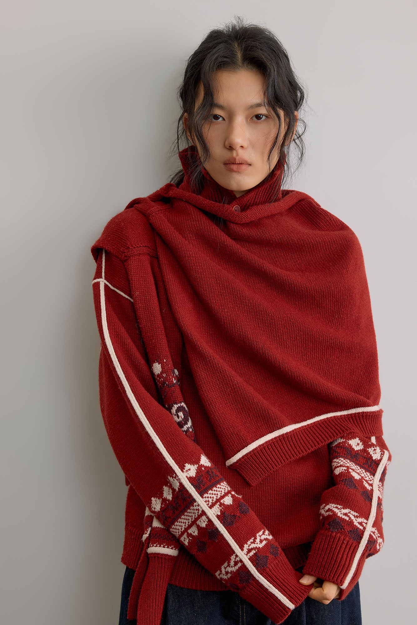 SAME FLOW Retro Jacquard Sleeve Sweater & Shawl Set