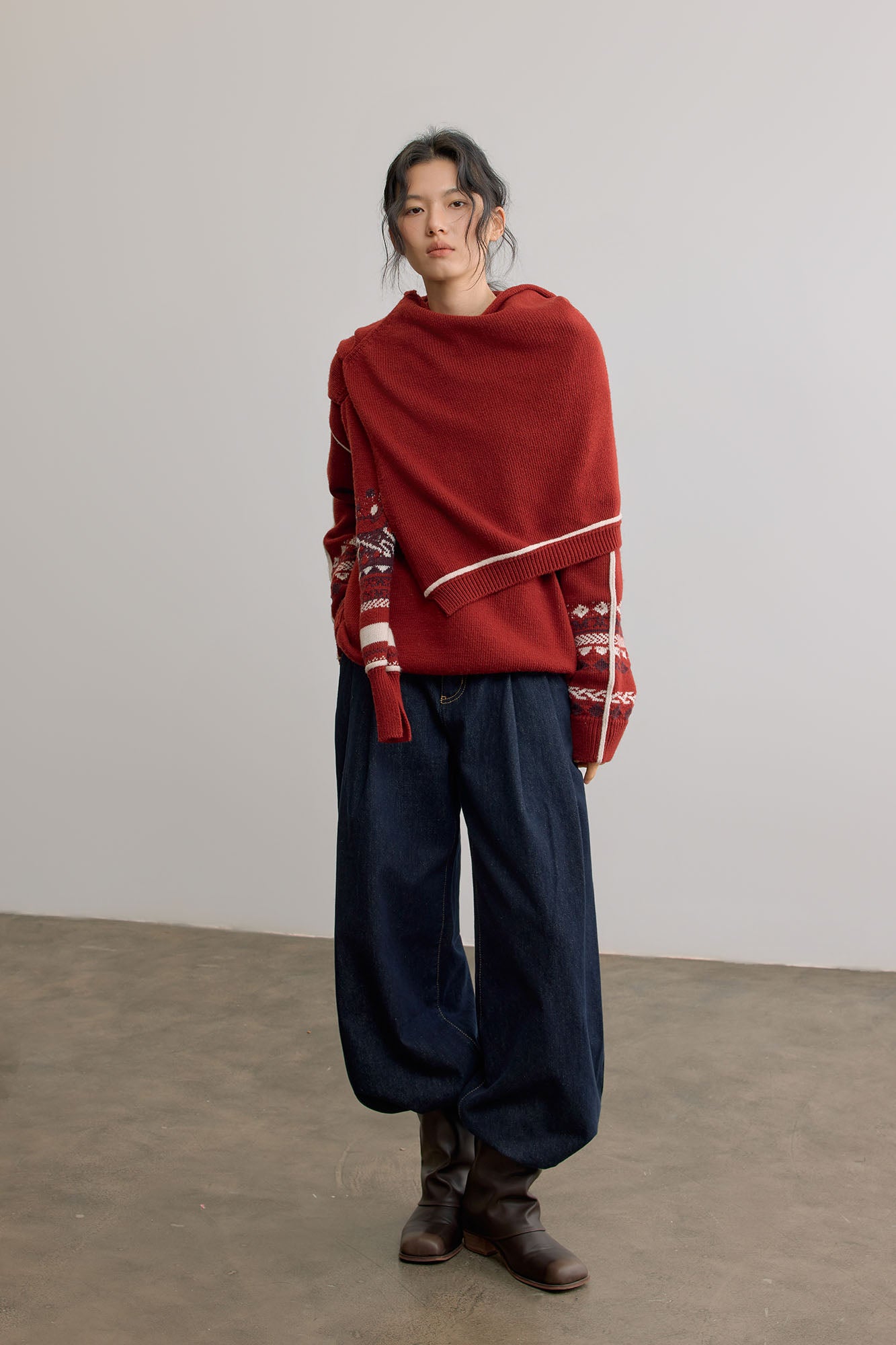 SAME FLOW Retro Jacquard Sleeve Sweater & Shawl Set